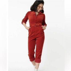 Unique Vintage Trixie Burnt Orange Corduroy Belted Crop Retro Jumpsuit S 4